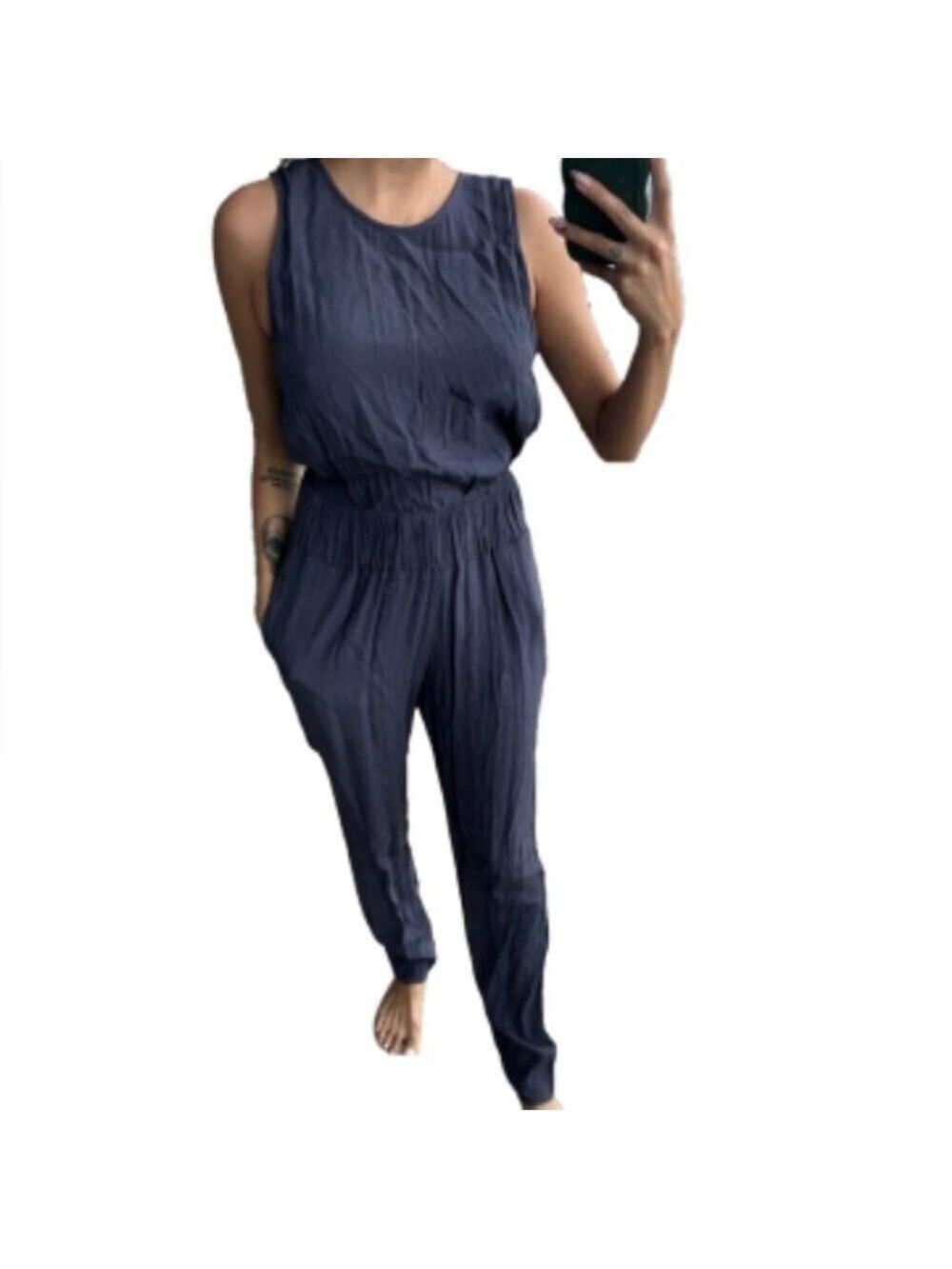 Rachel Roy nwt open back elastic waist straight leg Navy Jumpsuit with pockets M
